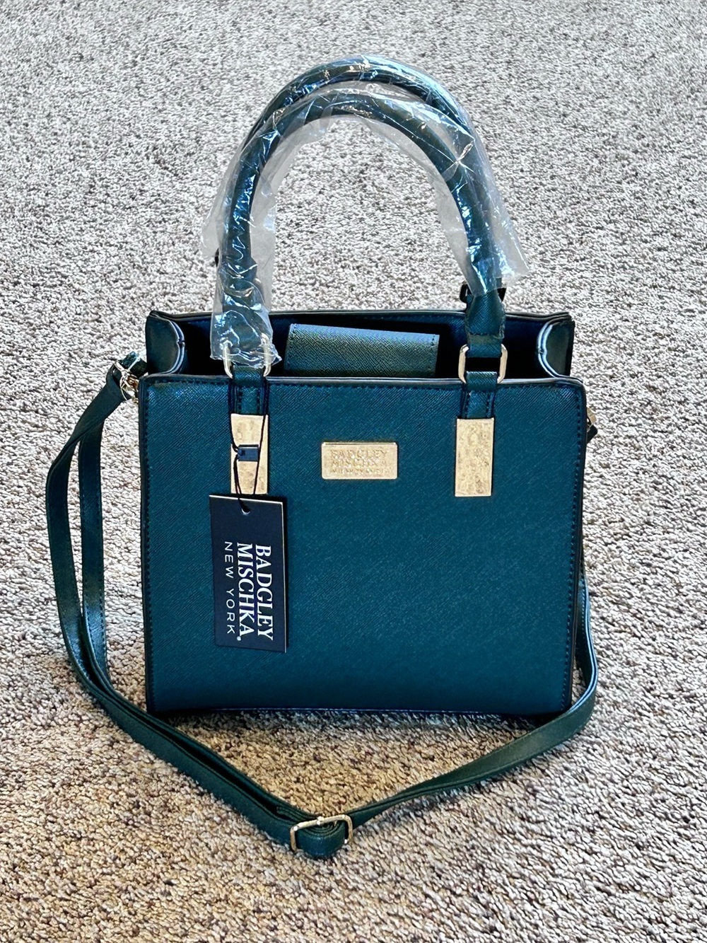 Badgley Mischka Vegan Saffiano Leather Emerald Green Crossbody Handbag 9x8 NEW - Picture 2 of 15